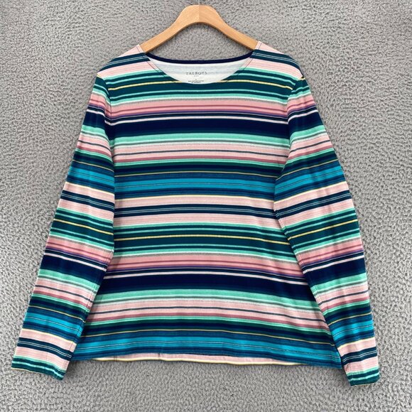 Talbots Top Womens Large Green Multi Striped Long Sleeve Stretch Pullover Tee - Picture 10 of 11